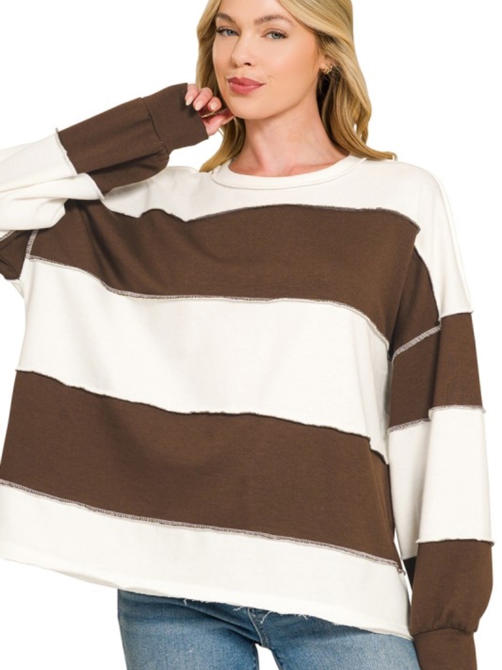 Zenana Striped Oversized Brown and Cream French Terry Pullover Top - Picture 2 of 2